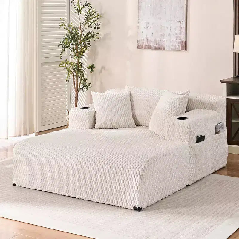 Chaise longue de 54 po en velours Turtle avec oreillers, porte-gobelets et poches latérales