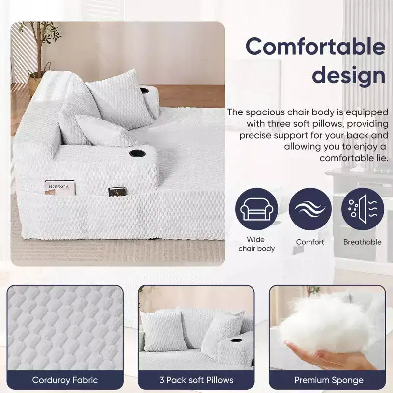 Chaise longue de 54 po en velours Turtle avec oreillers, porte-gobelets et poches latérales