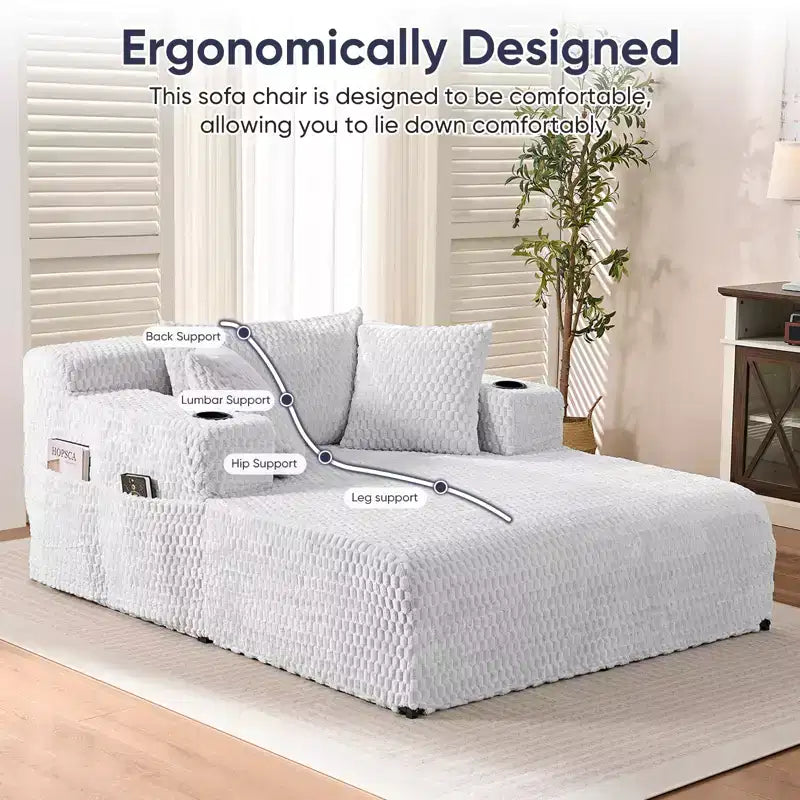 Chaise longue de 54 po en velours Turtle avec oreillers, porte-gobelets et poches latérales