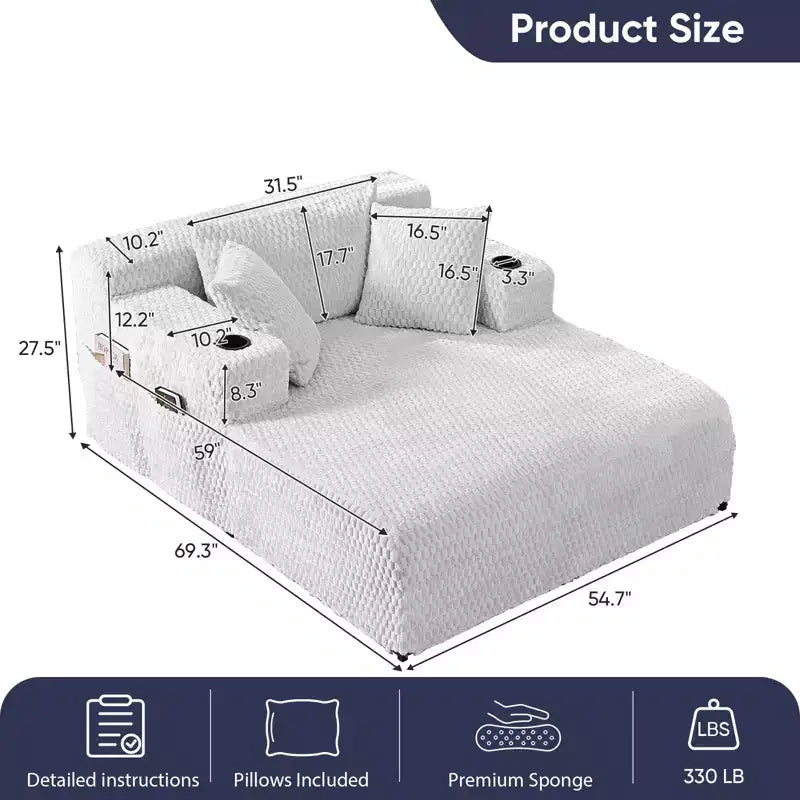 Chaise longue de 54 po en velours Turtle avec oreillers, porte-gobelets et poches latérales