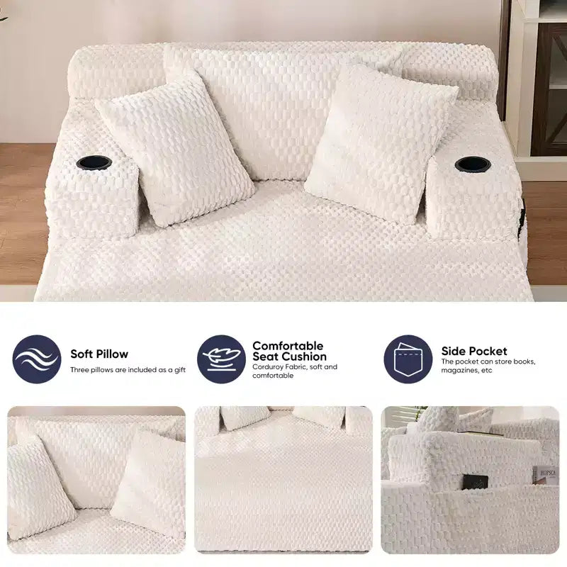 Chaise longue de 54 po en velours Turtle avec oreillers, porte-gobelets et poches latérales