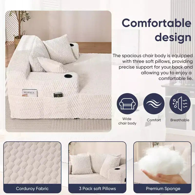 Chaise longue de 54 po en velours Turtle avec oreillers, porte-gobelets et poches latérales