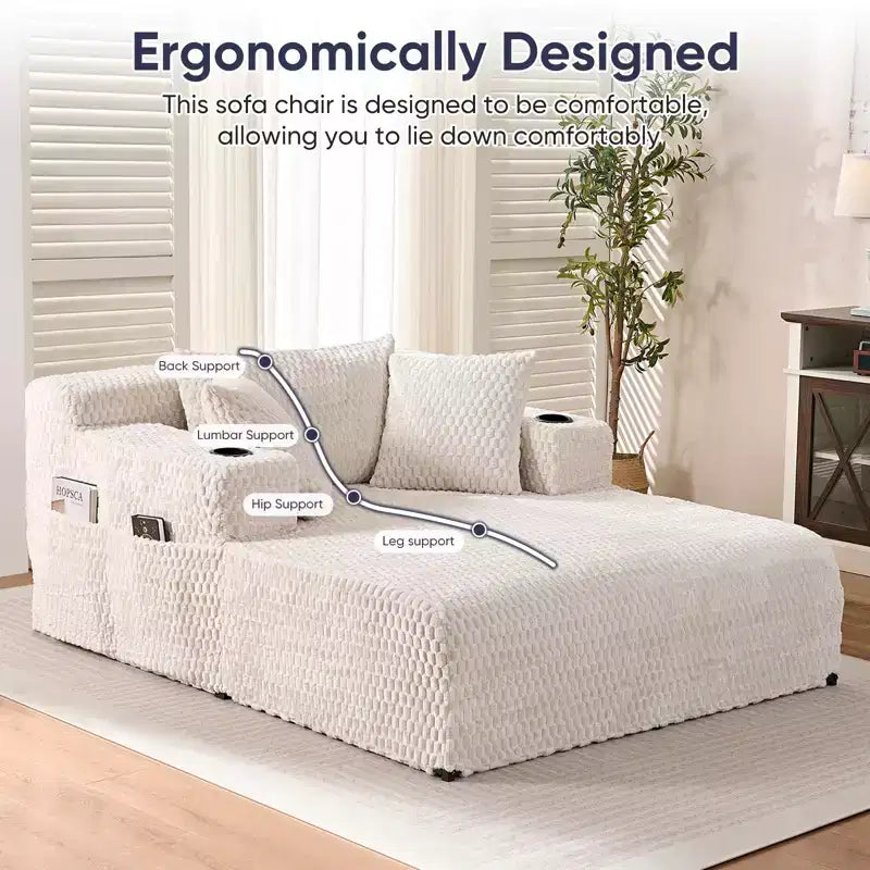 Chaise longue de 54 po en velours Turtle avec oreillers, porte-gobelets et poches latérales