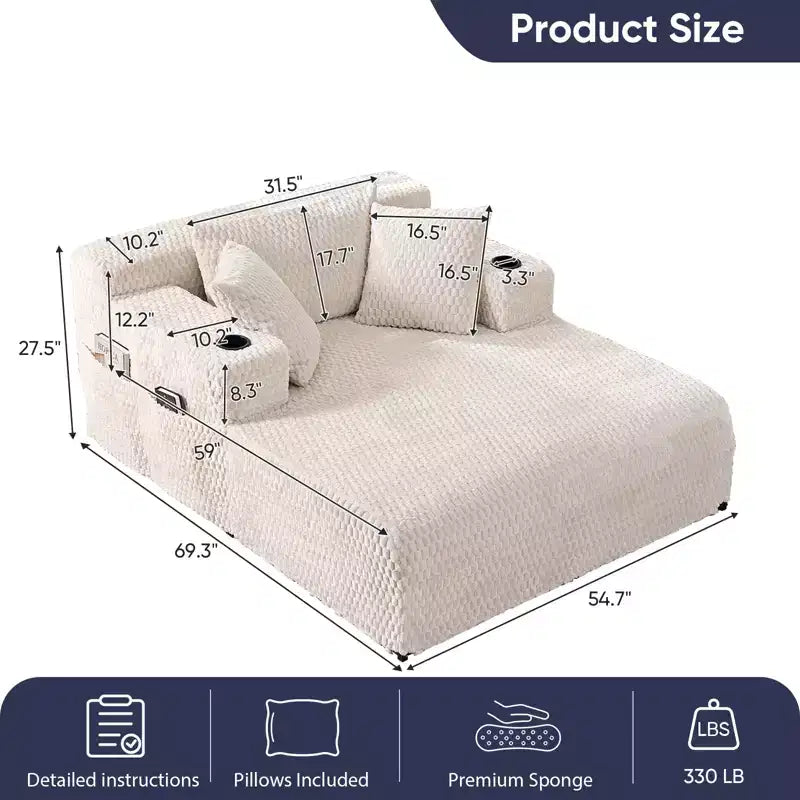 Chaise longue de 54 po en velours Turtle avec oreillers, porte-gobelets et poches latérales