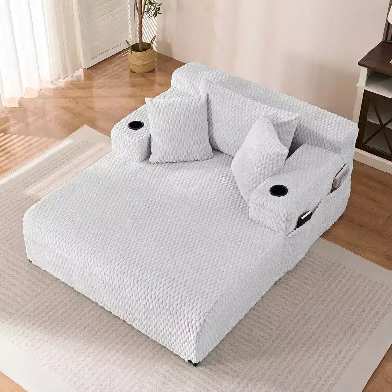 Chaise longue de 54 po en velours Turtle avec oreillers, porte-gobelets et poches latérales