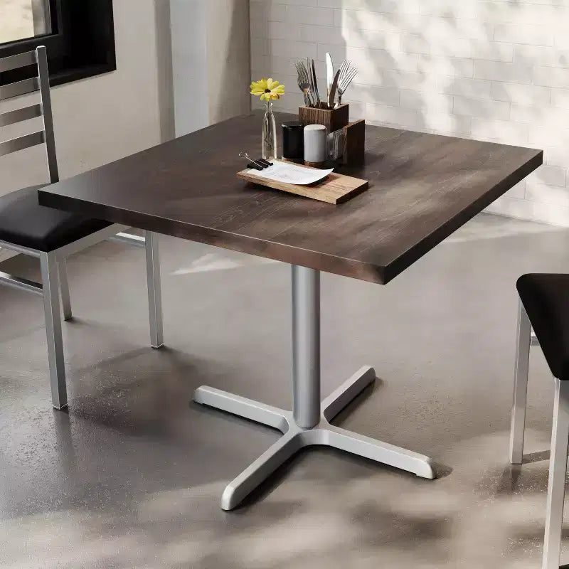 Plateau de table commercial carré en bois massif de 36 po avec piètement en X en fonte résistant à la rouille, hauteur repas