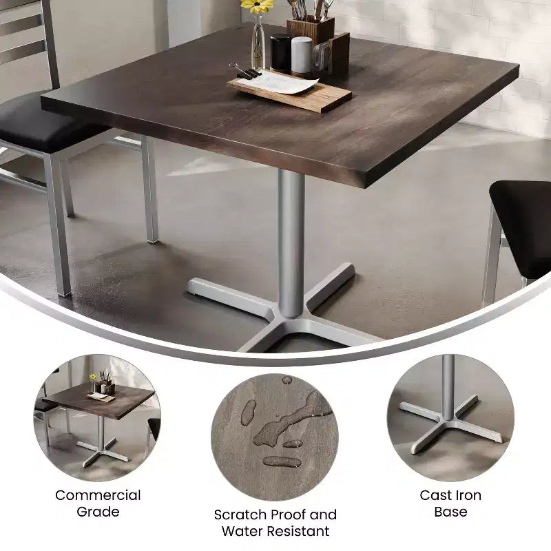 Plateau de table commercial carré en bois massif de 36 po avec piètement en X en fonte résistant à la rouille, hauteur repas