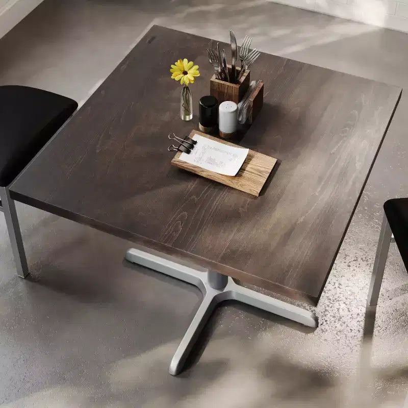 Plateau de table commercial carré en bois massif de 36 po avec piètement en X en fonte résistant à la rouille, hauteur repas