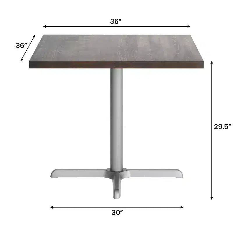 Plateau de table commercial carré en bois massif de 36 po avec piètement en X en fonte résistant à la rouille, hauteur repas