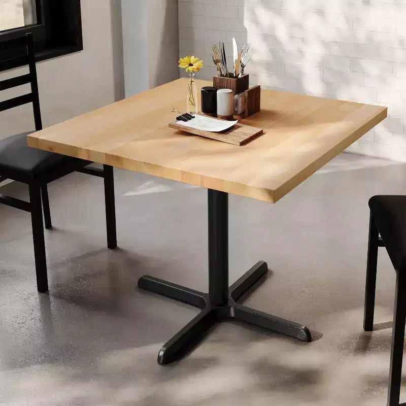 Plateau de table commercial carré en bois massif de 36 po avec piètement en X en fonte résistant à la rouille, hauteur repas