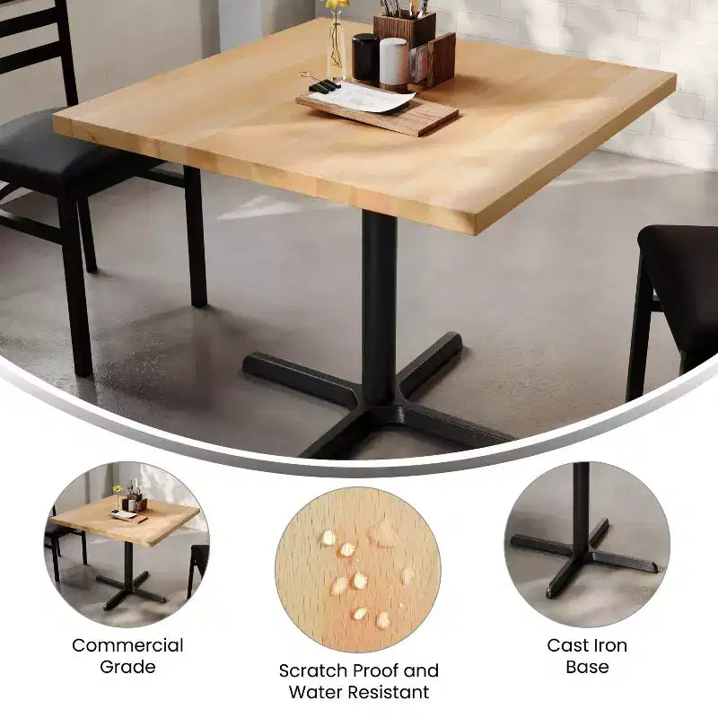 Plateau de table commercial carré en bois massif de 36 po avec piètement en X en fonte résistant à la rouille, hauteur repas