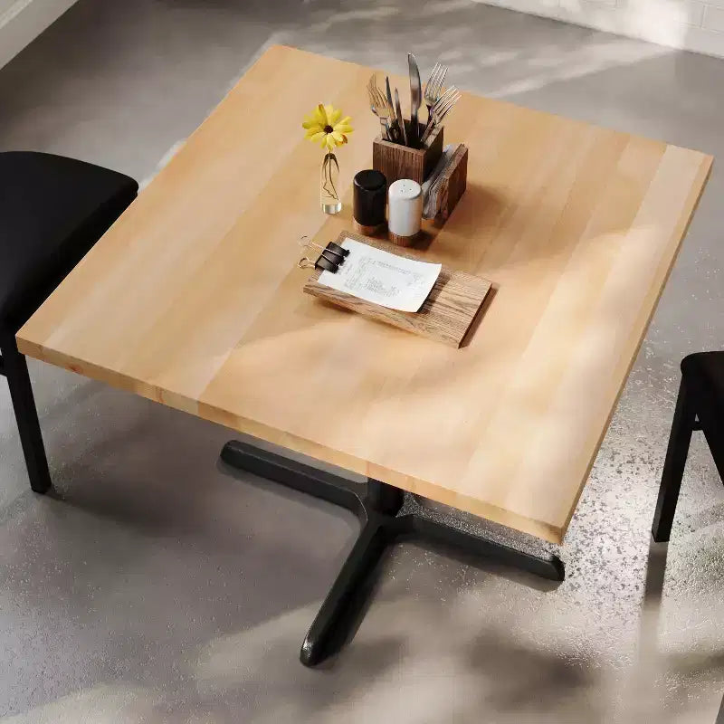 Plateau de table commercial carré en bois massif de 36 po avec piètement en X en fonte résistant à la rouille, hauteur repas