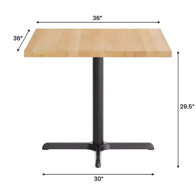 Plateau de table commercial carré en bois massif de 36 po avec piètement en X en fonte résistant à la rouille, hauteur repas