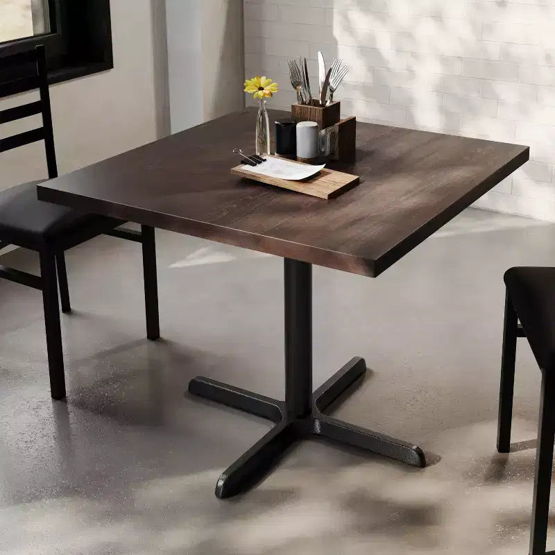 Plateau de table commercial carré en bois massif de 36 po avec piètement en X en fonte résistant à la rouille, hauteur repas