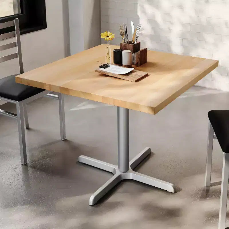 Plateau de table commercial carré en bois massif de 36 po avec piètement en X en fonte résistant à la rouille, hauteur repas