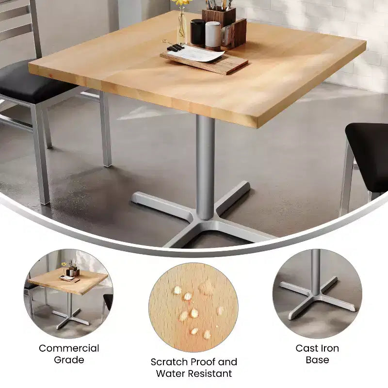 Plateau de table commercial carré en bois massif de 36 po avec piètement en X en fonte résistant à la rouille, hauteur repas