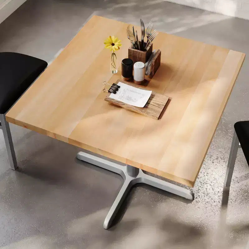 Plateau de table commercial carré en bois massif de 36 po avec piètement en X en fonte résistant à la rouille, hauteur repas