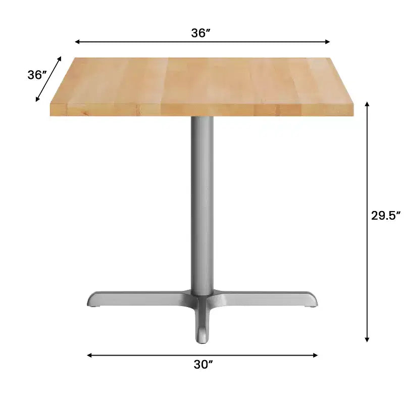 Plateau de table commercial carré en bois massif de 36 po avec piètement en X en fonte résistant à la rouille, hauteur repas