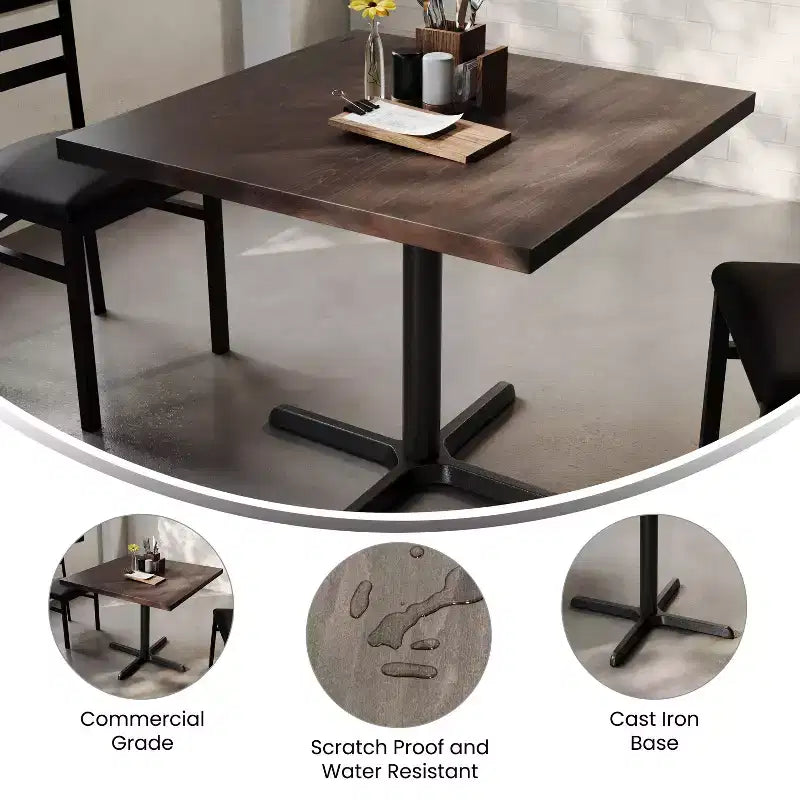 Plateau de table commercial carré en bois massif de 36 po avec piètement en X en fonte résistant à la rouille, hauteur repas