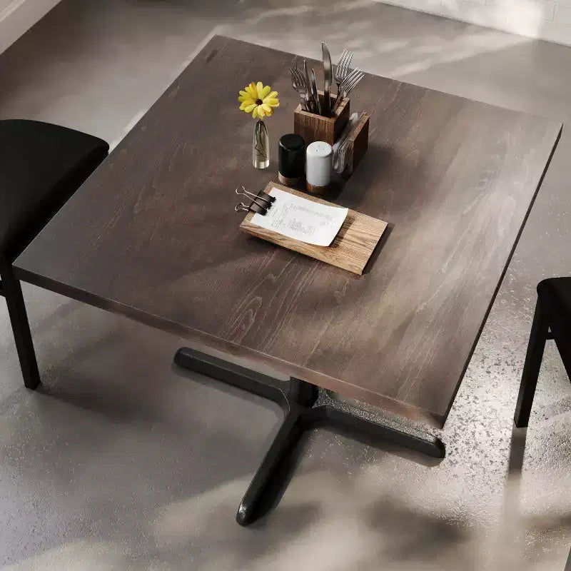 Plateau de table commercial carré en bois massif de 36 po avec piètement en X en fonte résistant à la rouille, hauteur repas