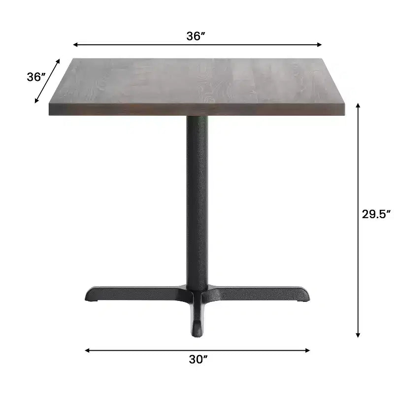 Plateau de table commercial carré en bois massif de 36 po avec piètement en X en fonte résistant à la rouille, hauteur repas