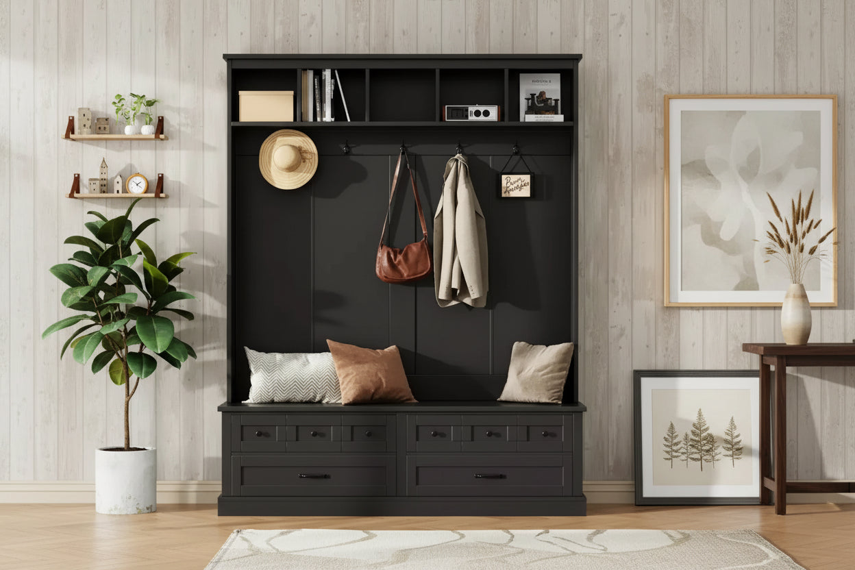 Okak Elegant Hall Tree with 5 Hooks, Wide Coat Rack with Lift-Top Storage Bench and 2 Drawers, Coat Tree for Living Room, Hallway, Black