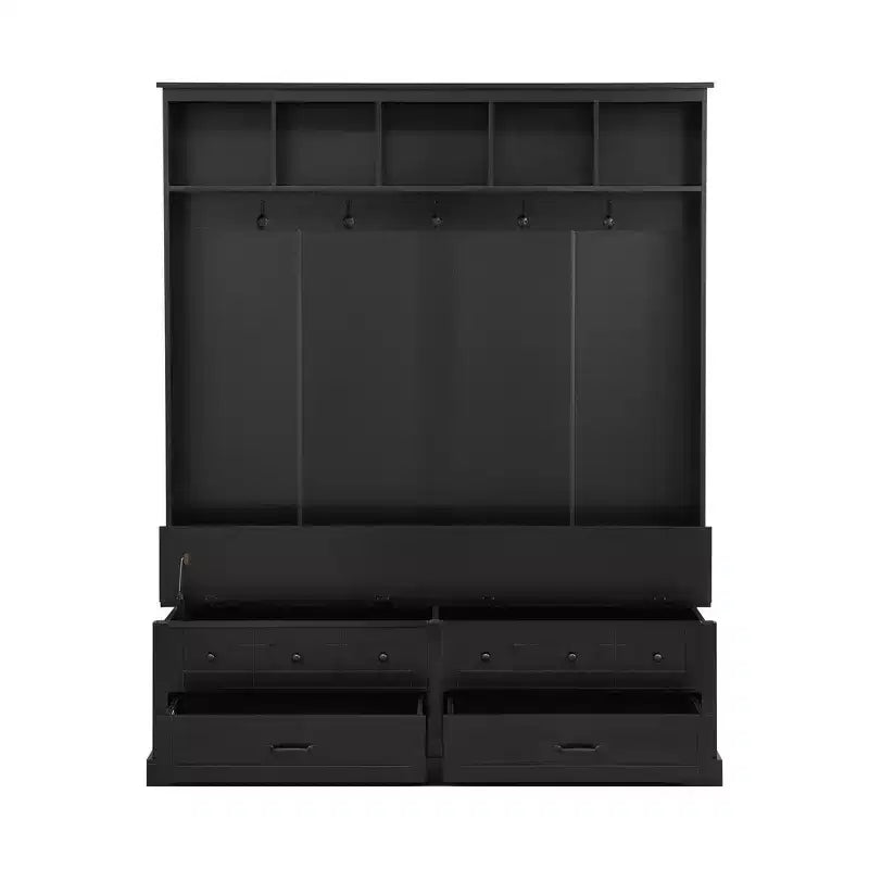 Meuble d'entrée avec 5 patères, banc de rangement à abattant et 2 tiroirs, noir