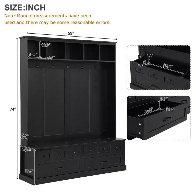 Meuble d'entrée avec 5 patères, banc de rangement à abattant et 2 tiroirs, noir
