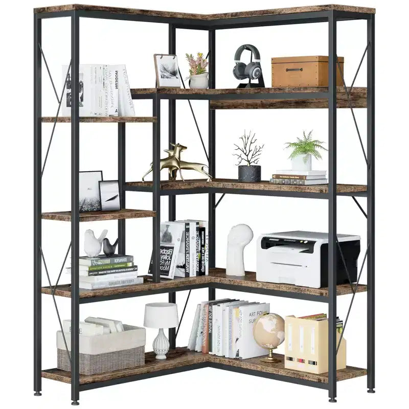 Étagère d'angle à 5 niveaux, bibliothèque en forme de L de 180 cm de haut avec cadre en métal pour salon et bureau