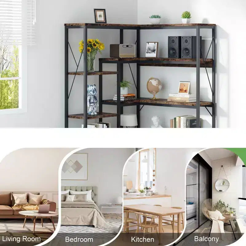 Étagère d'angle à 5 niveaux, bibliothèque en forme de L de 180 cm de haut avec cadre en métal pour salon et bureau
