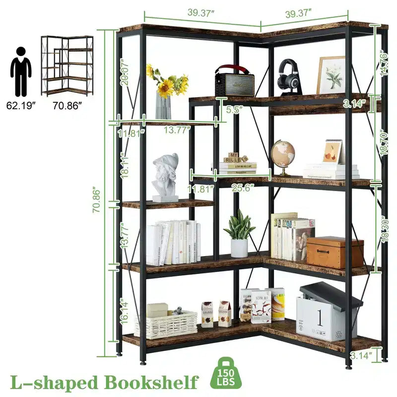 Étagère d'angle à 5 niveaux, bibliothèque en forme de L de 180 cm de haut avec cadre en métal pour salon et bureau