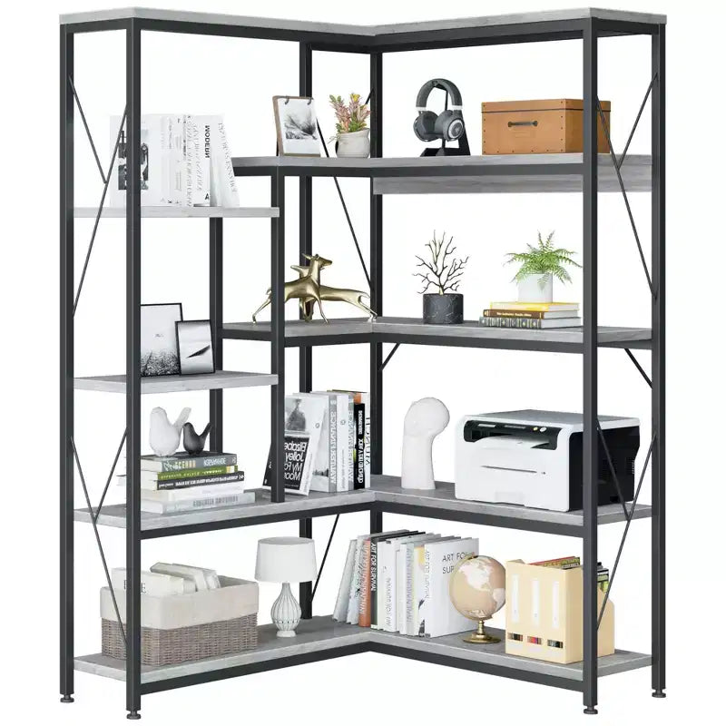 Étagère d'angle à 5 niveaux, bibliothèque en forme de L de 180 cm de haut avec cadre en métal pour salon et bureau