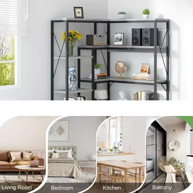 Étagère d'angle à 5 niveaux, bibliothèque en forme de L de 180 cm de haut avec cadre en métal pour salon et bureau