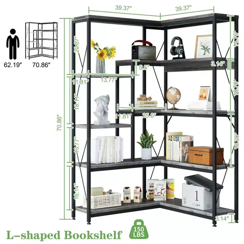 Étagère d'angle à 5 niveaux, bibliothèque en forme de L de 180 cm de haut avec cadre en métal pour salon et bureau