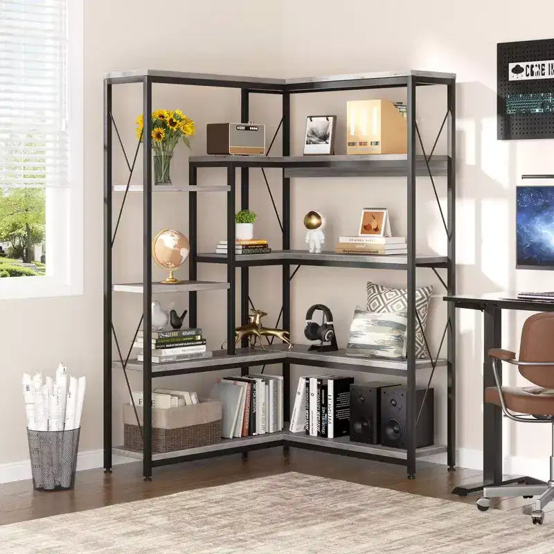 Étagère d'angle à 5 niveaux, bibliothèque en forme de L de 180 cm de haut avec cadre en métal pour salon et bureau
