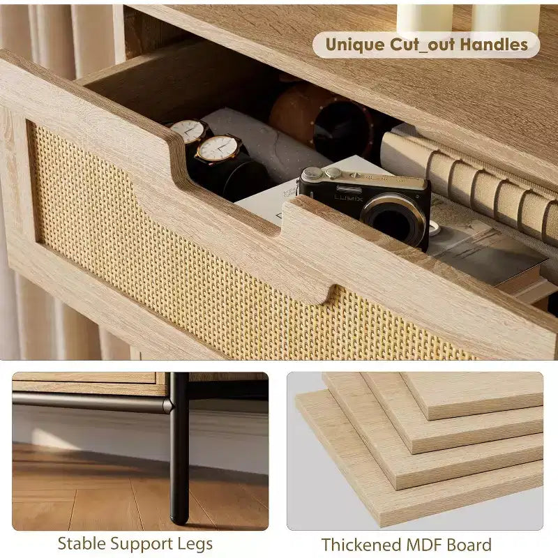 Commode à 5 tiroirs en rotin naturel avec pieds en métal, armoire de rangement moderne style ferme