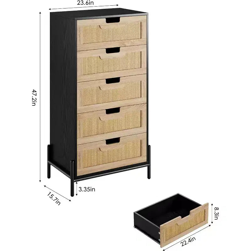 Commode à 5 tiroirs en rotin naturel avec pieds en métal, armoire de rangement moderne style ferme