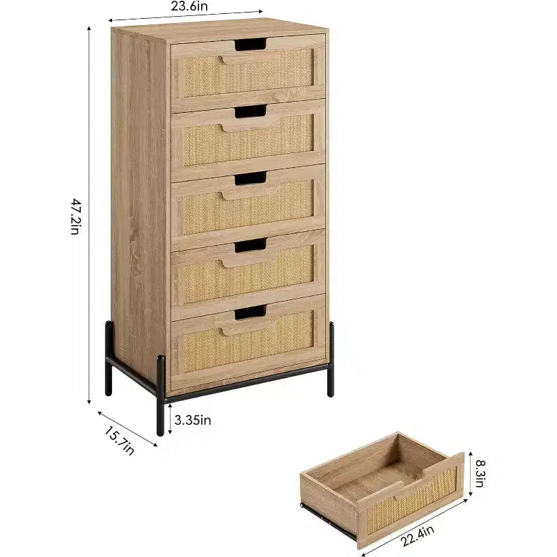 Commode à 5 tiroirs en rotin naturel avec pieds en métal, armoire de rangement moderne style ferme
