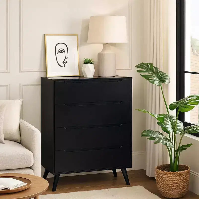 Commode à 4 tiroirs en bois avec pieds ronds fuselés, noire