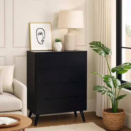 Commode à 4 tiroirs en bois avec pieds ronds fuselés, noire