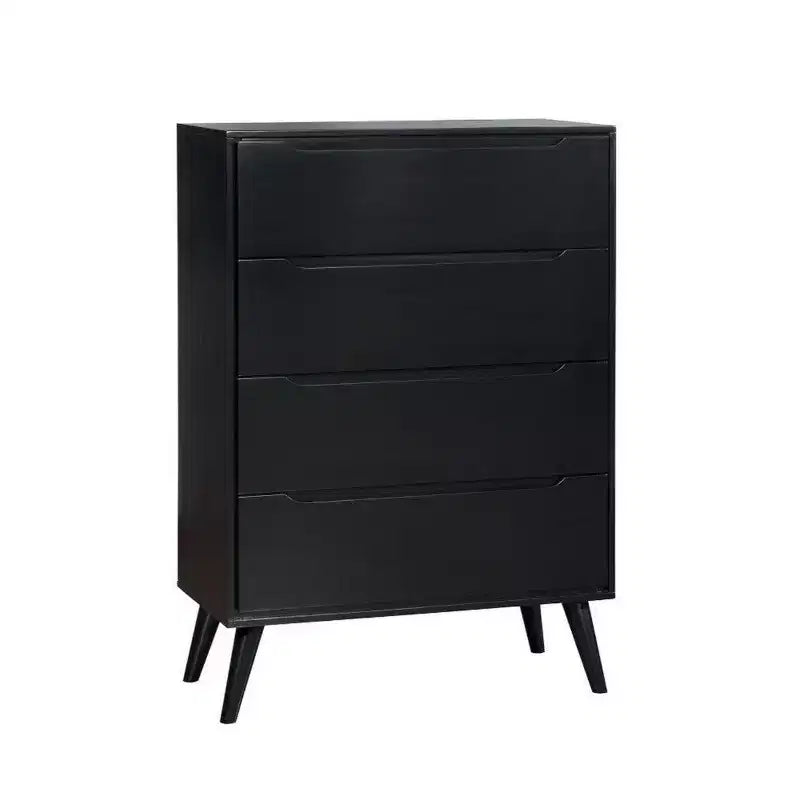 Commode à 4 tiroirs en bois avec pieds ronds fuselés, noire