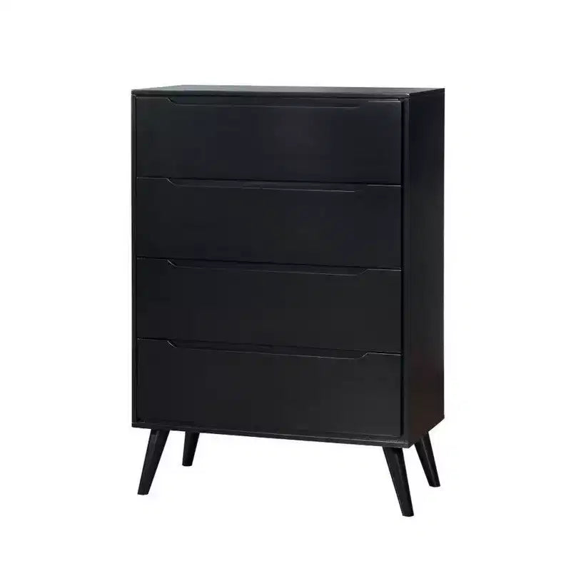 Commode à 4 tiroirs en bois avec pieds ronds fuselés, noire