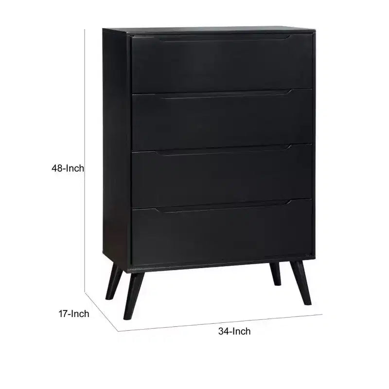Commode à 4 tiroirs en bois avec pieds ronds fuselés, noire