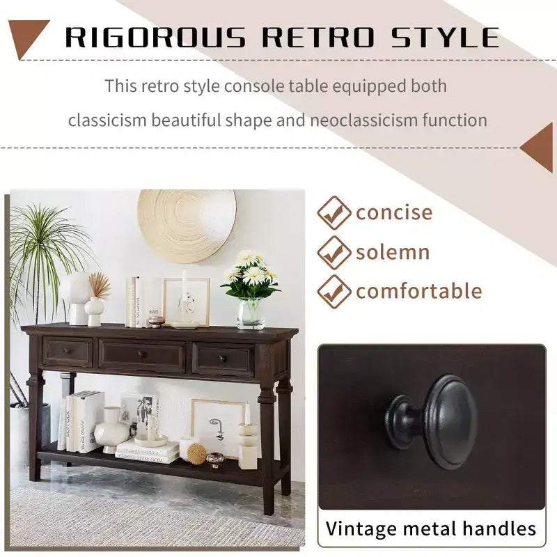 Console vintage avec rangement, Table d'entrée étroite avec tiroirs, Console de couloir de style campagnard avec étagère ouverte