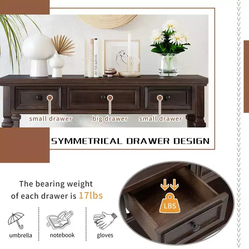 Console vintage avec rangement, Table d'entrée étroite avec tiroirs, Console de couloir de style campagnard avec étagère ouverte