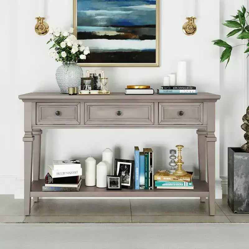 Console vintage avec rangement, Table d'entrée étroite avec tiroirs, Console de couloir de style campagnard avec étagère ouverte