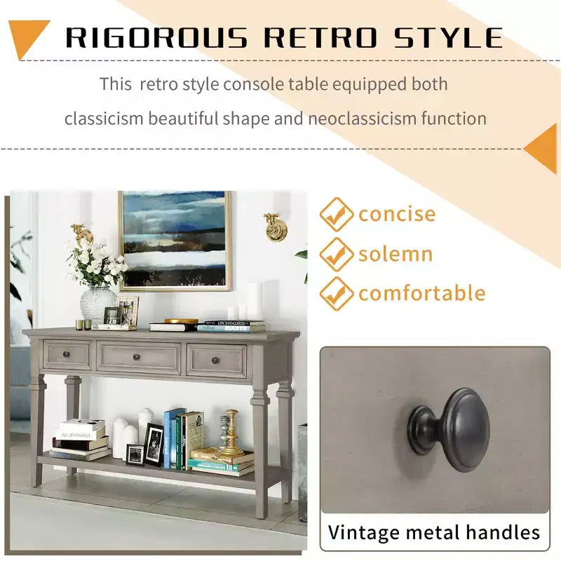 Console vintage avec rangement, Table d'entrée étroite avec tiroirs, Console de couloir de style campagnard avec étagère ouverte