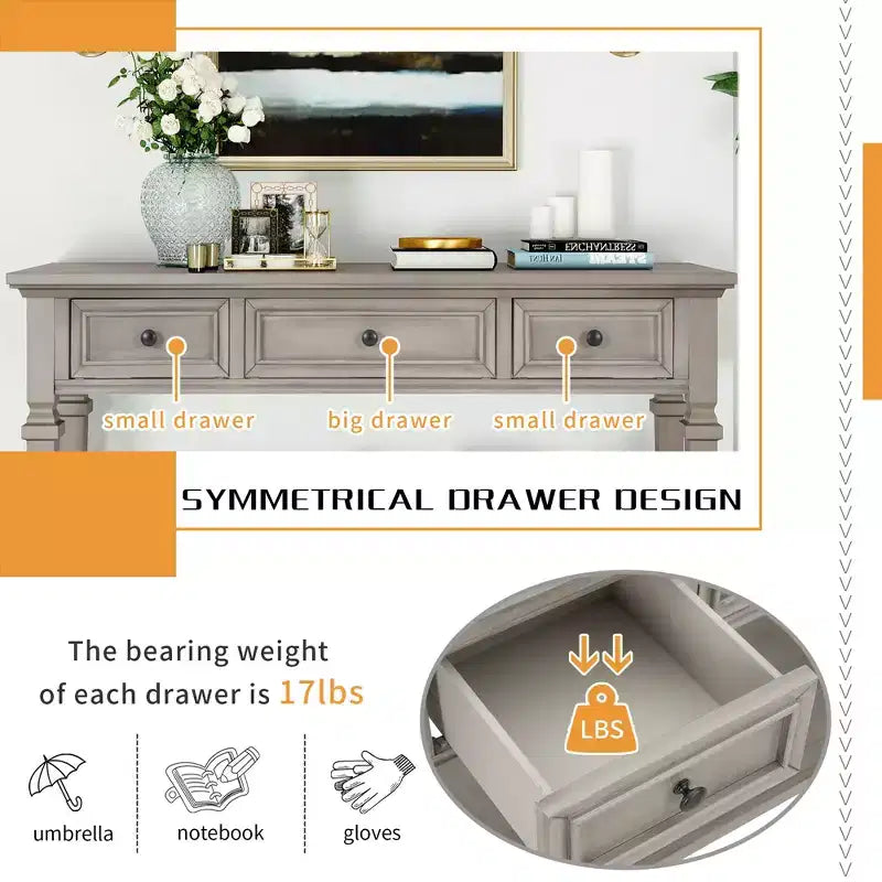 Console vintage avec rangement, Table d'entrée étroite avec tiroirs, Console de couloir de style campagnard avec étagère ouverte