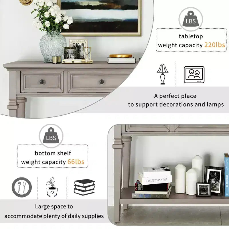 Console vintage avec rangement, Table d'entrée étroite avec tiroirs, Console de couloir de style campagnard avec étagère ouverte
