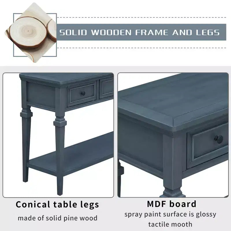 Console vintage avec rangement, Table d'entrée étroite avec tiroirs, Console de couloir de style campagnard avec étagère ouverte